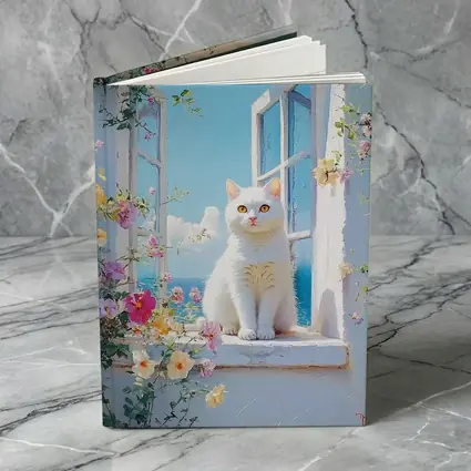 White Cat Sitting On Floral Window Sill