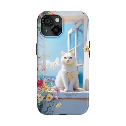 White Cat Sitting On Floral Window Sill