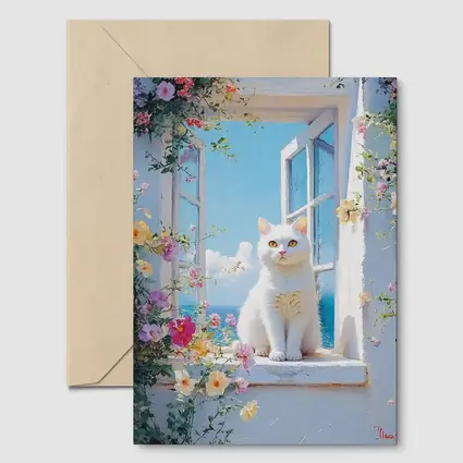 White Cat Sitting On Floral Window Sill