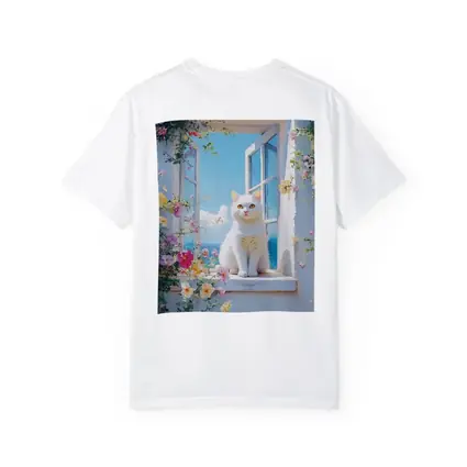 White Cat Sitting On Floral Window Sill
