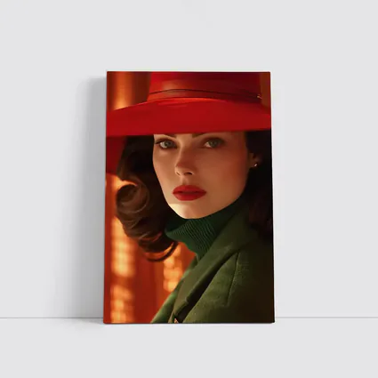 Woman Red Hat Green Coat Retro Portrait