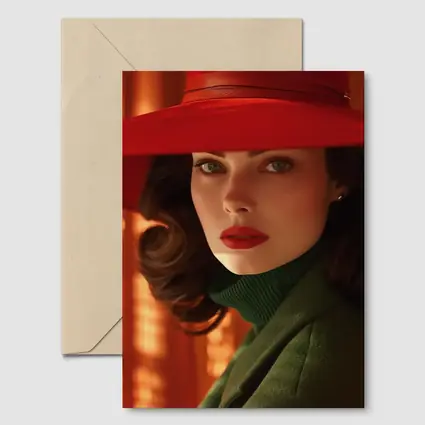 Woman Red Hat Green Coat Retro Portrait