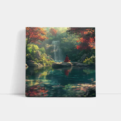 Meditation by Waterfall Autumn Forest Scene