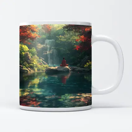 Meditation by Waterfall Autumn Forest Scene