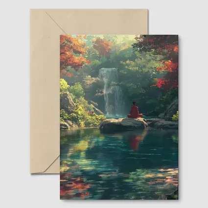 Meditation by Waterfall Autumn Forest Scene