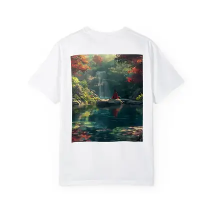 Meditation by Waterfall Autumn Forest Scene