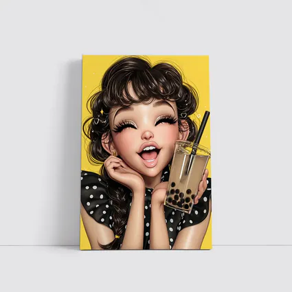 Anime Girl Boba Tea Yellow Background