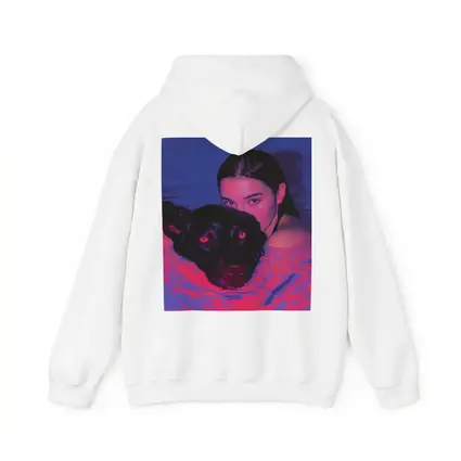 Woman and Black Dog in Neon Pool