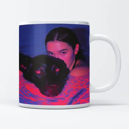 Woman and Black Dog in Neon Pool