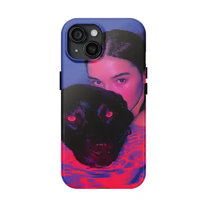 Woman and Black Dog in Neon Pool