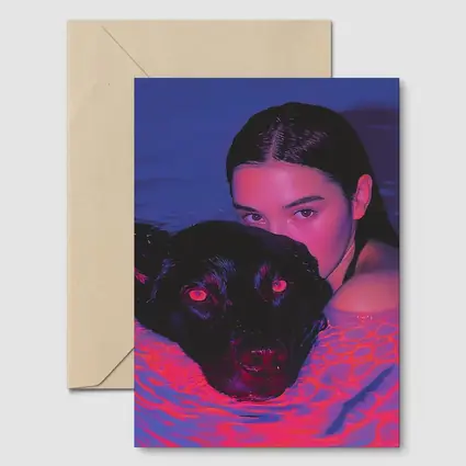 Woman and Black Dog in Neon Pool