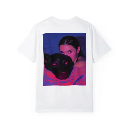 Woman and Black Dog in Neon Pool