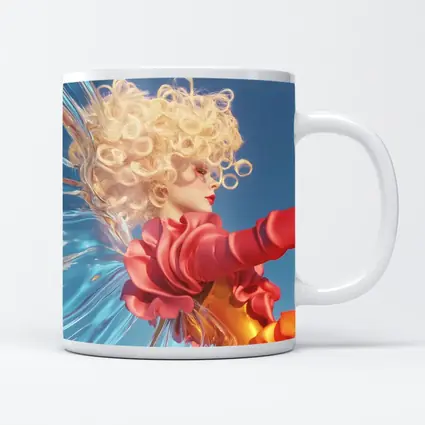 Curly Blonde Woman Red Dress Blue Sky