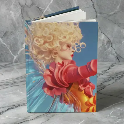 Curly Blonde Woman Red Dress Blue Sky