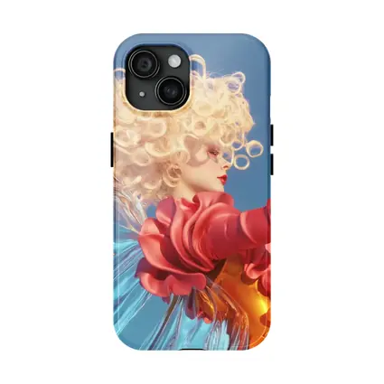 Curly Blonde Woman Red Dress Blue Sky
