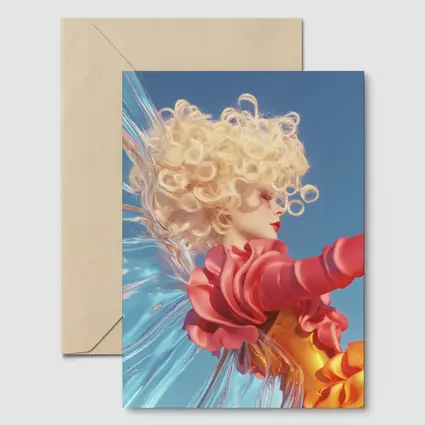 Curly Blonde Woman Red Dress Blue Sky