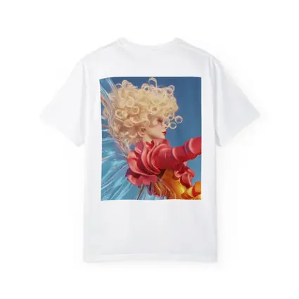 Curly Blonde Woman Red Dress Blue Sky