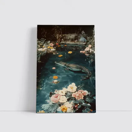 Crocodile Floating Among Roses Floral Water