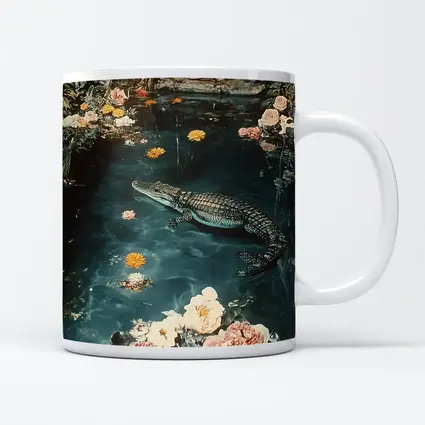 Crocodile Floating Among Roses Floral Water