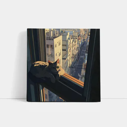Cat Sitting On Window Sill City View