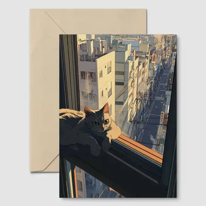 Cat Sitting On Window Sill City View
