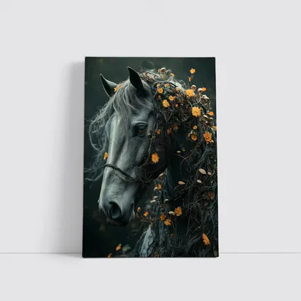 Gray Horse Portrait With Orange Wildflowers
