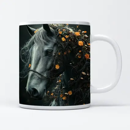 Gray Horse Portrait With Orange Wildflowers