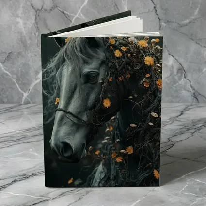 Gray Horse Portrait With Orange Wildflowers