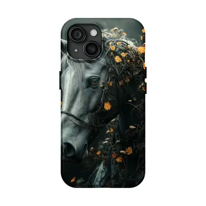 Gray Horse Portrait With Orange Wildflowers
