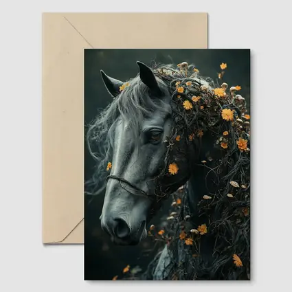 Gray Horse Portrait With Orange Wildflowers
