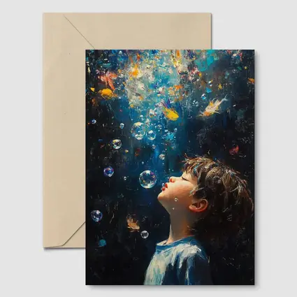 Boy Blowing Bubbles Dark Oil Painting
