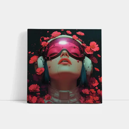 Cyberpunk Girl Blue Hair Red Flowers