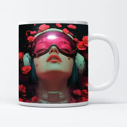 Cyberpunk Girl Blue Hair Red Flowers
