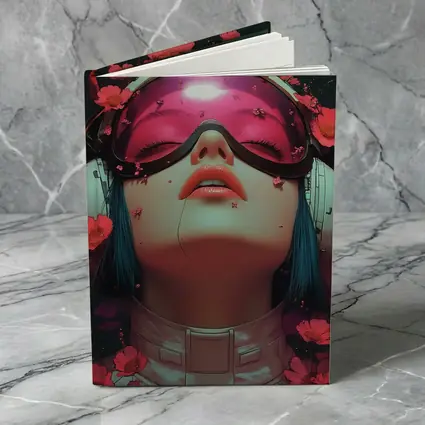 Cyberpunk Girl Blue Hair Red Flowers