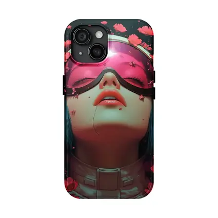 Cyberpunk Girl Blue Hair Red Flowers