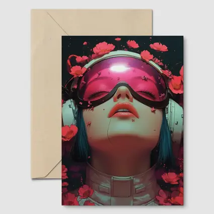 Cyberpunk Girl Blue Hair Red Flowers