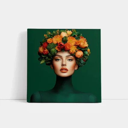 Woman Floral Crown Orange Flowers Green Background