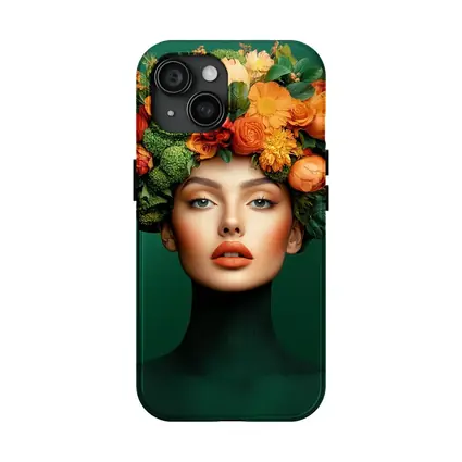 Woman Floral Crown Orange Flowers Green Background