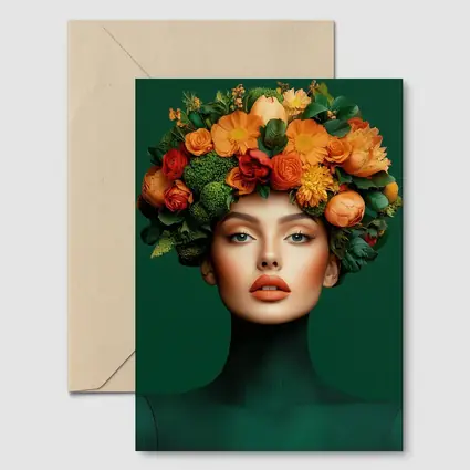 Woman Floral Crown Orange Flowers Green Background