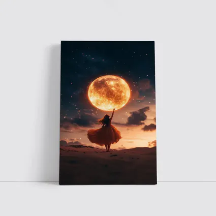 Woman Reaching Giant Moon Starry Night Sky