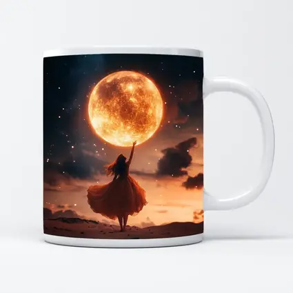 Woman Reaching Giant Moon Starry Night Sky