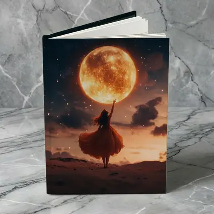 Woman Reaching Giant Moon Starry Night Sky