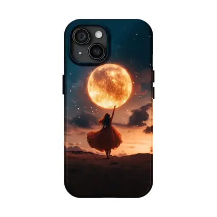 Woman Reaching Giant Moon Starry Night Sky