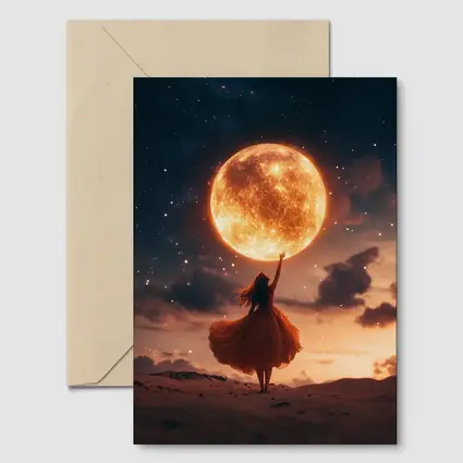 Woman Reaching Giant Moon Starry Night Sky