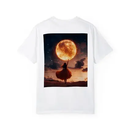 Woman Reaching Giant Moon Starry Night Sky