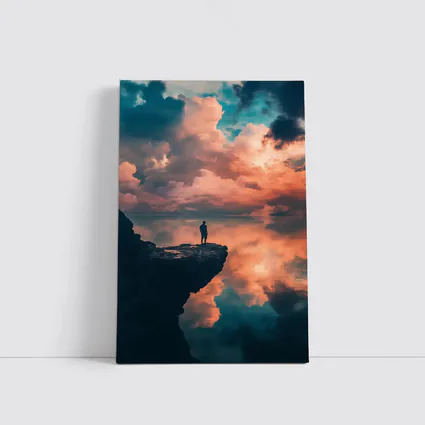 Lone Figure Standing on Cliff Sunset Sky