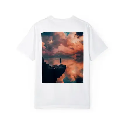 Lone Figure Standing on Cliff Sunset Sky