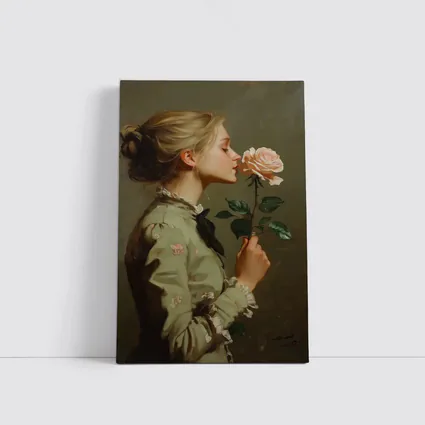 Young Woman Smelling Pink Rose Painting