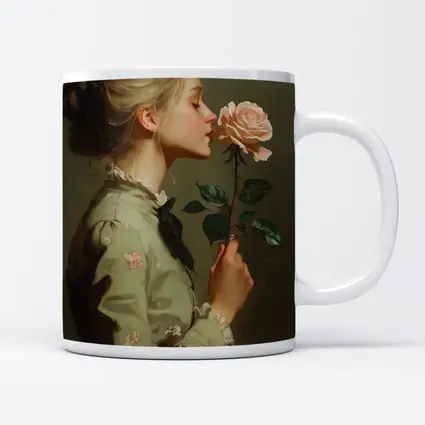 Young Woman Smelling Pink Rose Painting