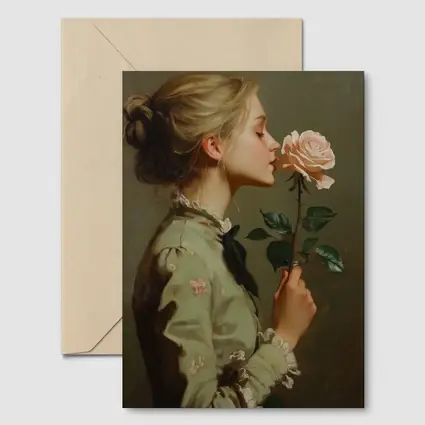 Young Woman Smelling Pink Rose Painting